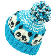 Wool Knit Bobble Beanie Hat - Panda - Blue White