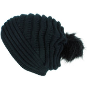 Chunky Ribbed Slouch Beanie Hat with Faux Fur Bobble - Black