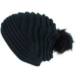 Chunky Ribbed Slouch Beanie Hat with Faux Fur Bobble - Black