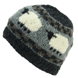 Bonnet en laine tricoté main - mouton gris anthracite