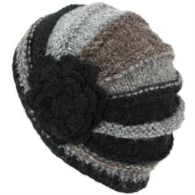 Ladies Chunky Wool Knit Shell Shaped Beanie Hat with Side Flower - Black