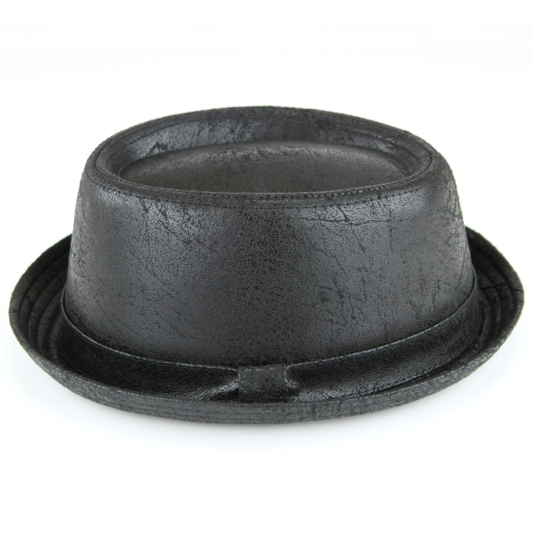 Distressed Leather Effect Pork Pie Hat - Black