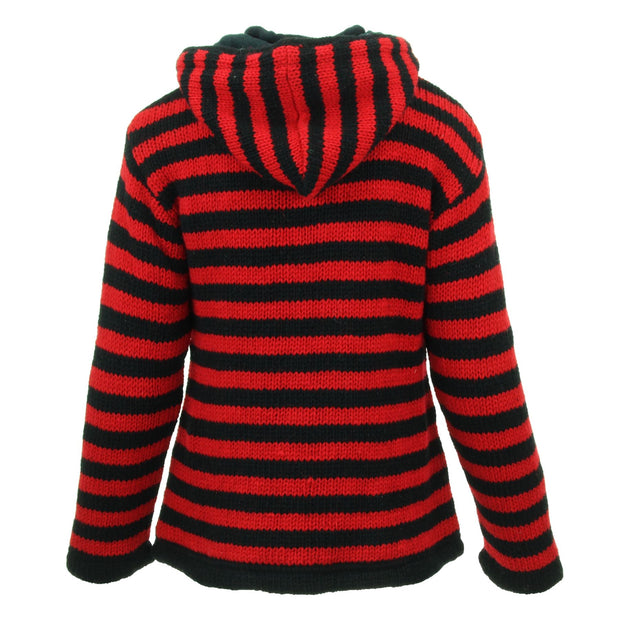 Hand Knitted Wool Hooded Jacket Cardigan Ladies Cut - Stripe Red Black