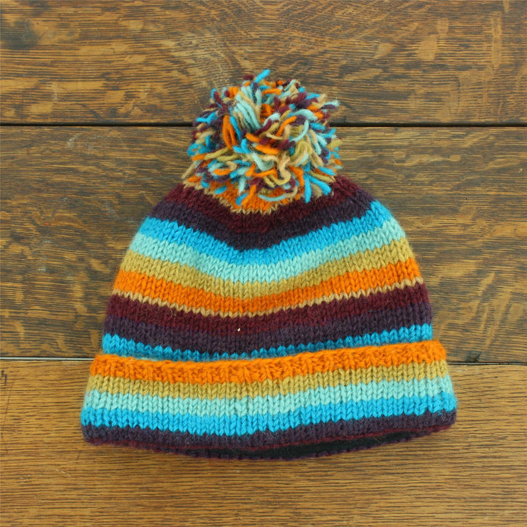 Chunky Wool Knit Beanie Bobble Hat - Stripe Retro C