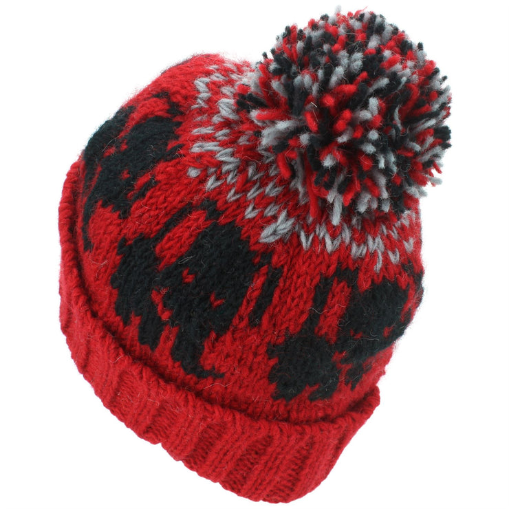 Wool Knit Bobble Beanie Hat - Elephant - Red Grey