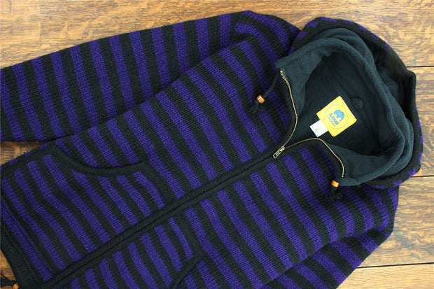 Hand Knitted Wool Hooded Jacket Cardigan - Stripe Purple Black