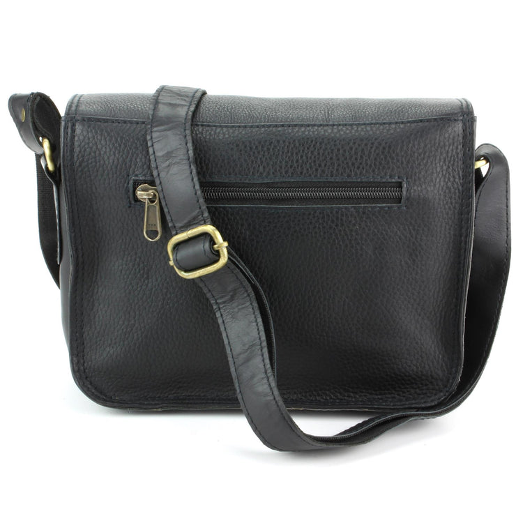 Real Leather Satchel with Front Pocket - Black