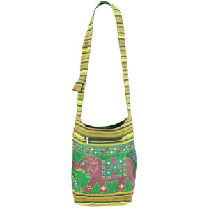 Embroidered Elephant Canvas Sling Shoulder Bag - Light Green