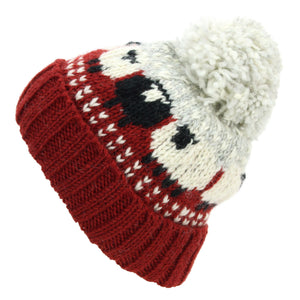 Hand Knitted Wool Beanie Bobble Hat - Sheep - Maroon Grey