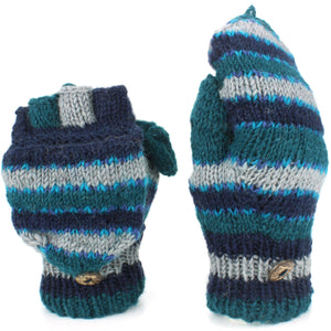Chunky Wool Knit Fingerless Shooter Gloves - Stripe - Blue & Green