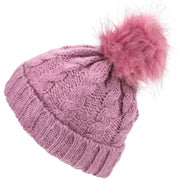 Twisted Rib Knitted Hat with Matching Colour Bobble - Dark Pink