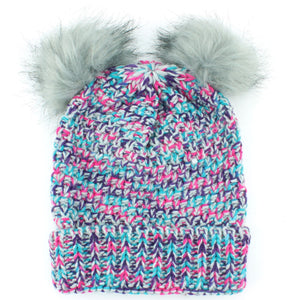Childrens Chunky Knit Multicoloured Beanie Bobble Hat - Grey