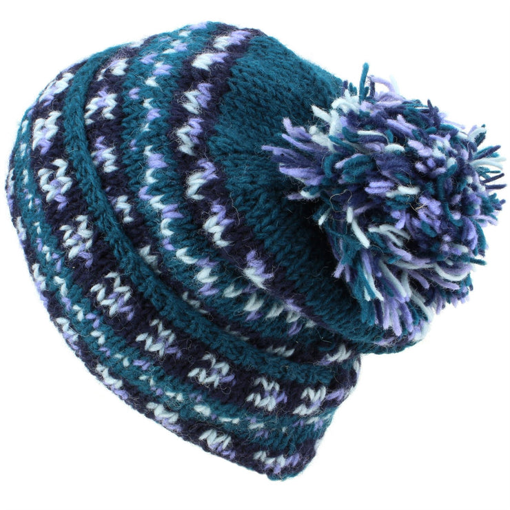 Chunky Wool Knit Baggy Slouch Beanie Bobble Hat - Teal