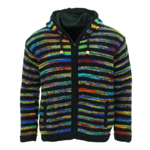 Håndstrikket uld hættejakke cardigan - stribet sort regnbue sd