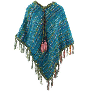 Stripe Crochet Poncho Long - Turquoise