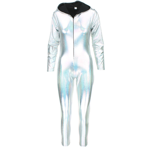 Shiny Hooded Catsuit - Silver
