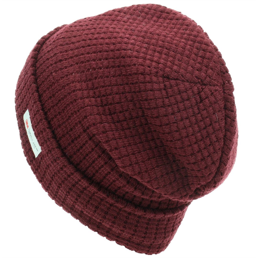 Knitted Waffle Design Beanie Hat - Red
