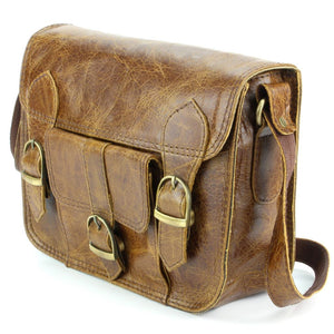 Ægte lædertaske med frontlomme - brun