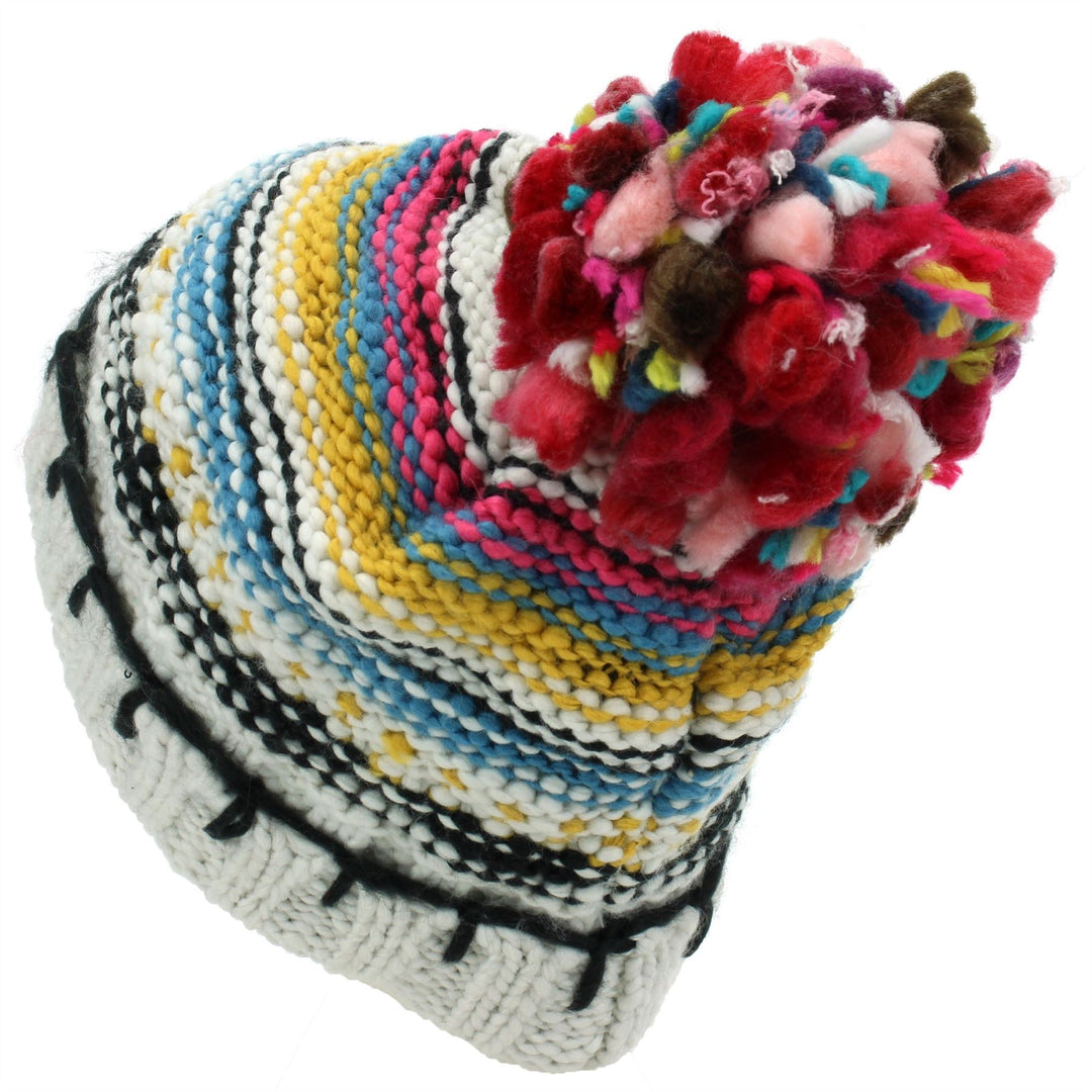 Stripe Knitted Beanie Hat with Bobble - White