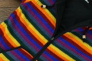 Hand Knitted Wool Hooded Jacket Cardigan - Stripe Rainbow Black Trim