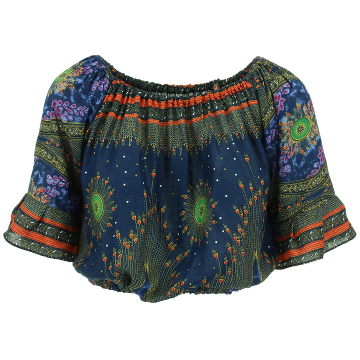 Peacock Print Bardot Top - Blue