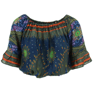 Peacock Print Bardot Top - Blue