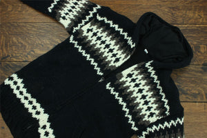 Handgestrickte Strickjacke mit Kapuze aus Wolle – Fairisle-Schwarz