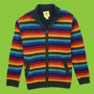 Cardigan veste en laine tricotée à la main - rayure arc-en-ciel foncé