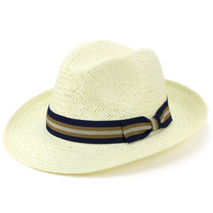 Bred skygget panama fedora hat i strå - blå og brun