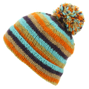 Chunky Wool Knit Beanie Bobble Hat - Stripe Retro A