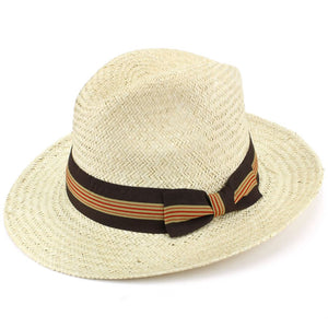 Chapeau fedora panama en paille à large bord - marron