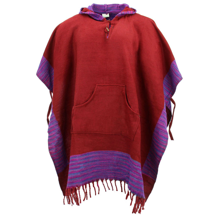 Soft Vegan Wool Hooded Tibet Poncho - Red & Purple