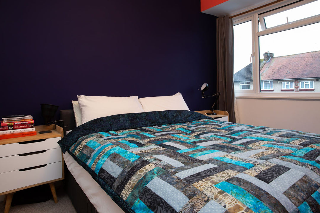 Handmade Quilted Patchwork Batik Printed Bedspread - Ocean Blue