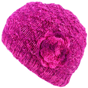 Acrylic Knit Flower Beanie Hat - Pink
