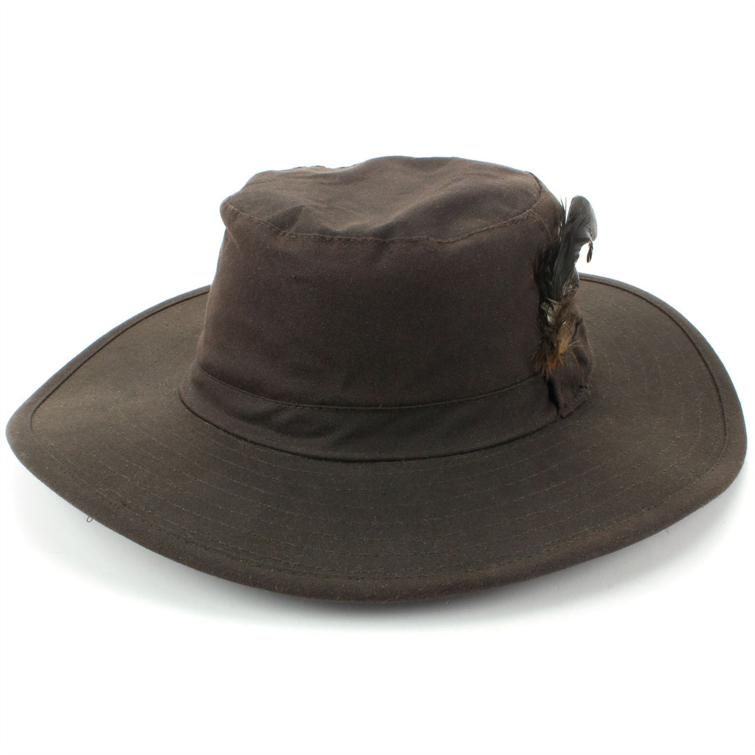 Wide Brim Outback Style Wax Cotton Bush Hat with Feather - Brown