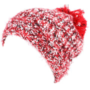 Mixed Yarn Chunky Slouch Beanie Bobble Hat with Super Soft Fleece Lining - Red