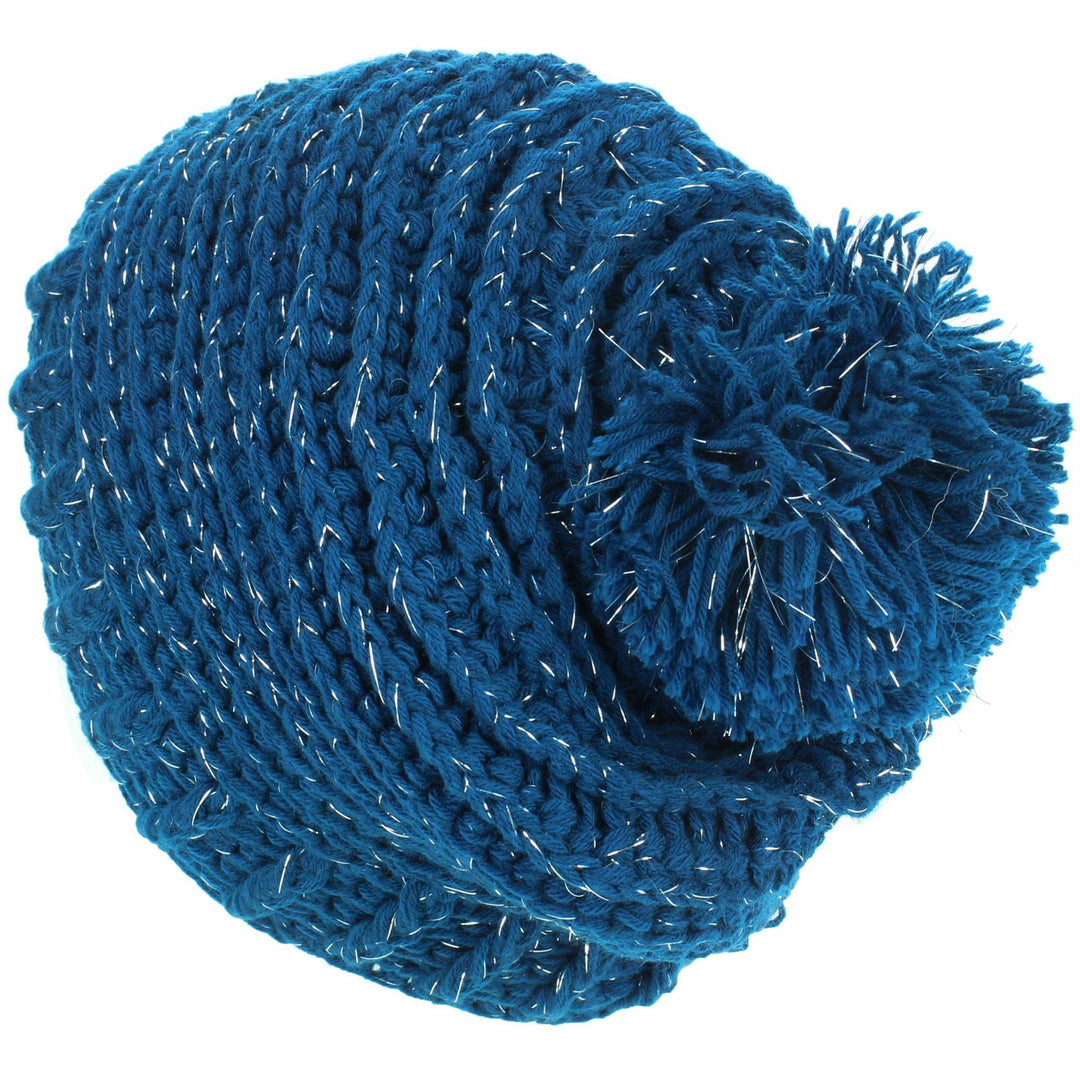 Ribbed Tinsel Bobble Beanie Hat - Blue