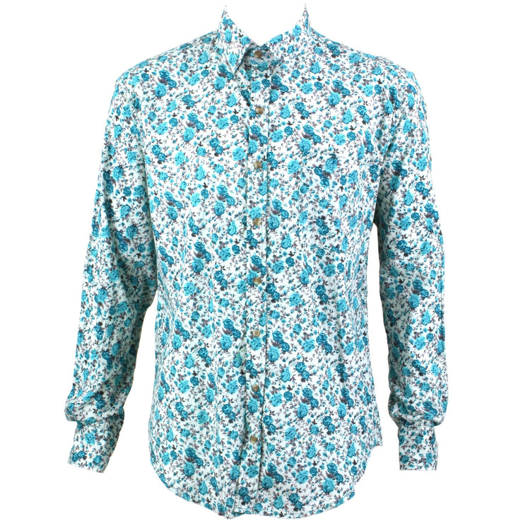 Regular Fit Long Sleeve Shirt - Small Turquoise & Green Floral on White
