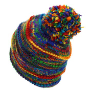 Hand Knitted Wool Beanie Bobble Hat - SD Rainbow Rib