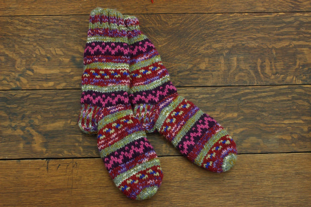 Hand Knitted Wool Slipper Socks Lined - SD Purple Green