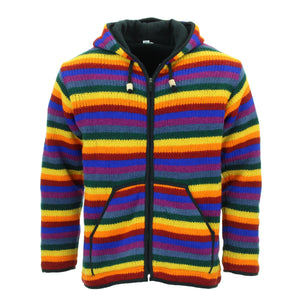 Cardigan veste à capuche en laine tricotée à la main - garniture noire arc-en-ciel à rayures
