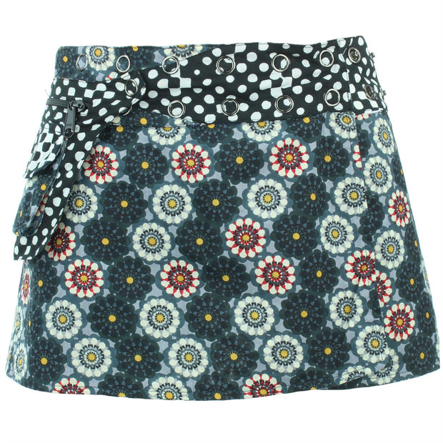 Reversible Popper Wrap Children's Size Mini Skirt - Kaleidoscope / Mono Dots