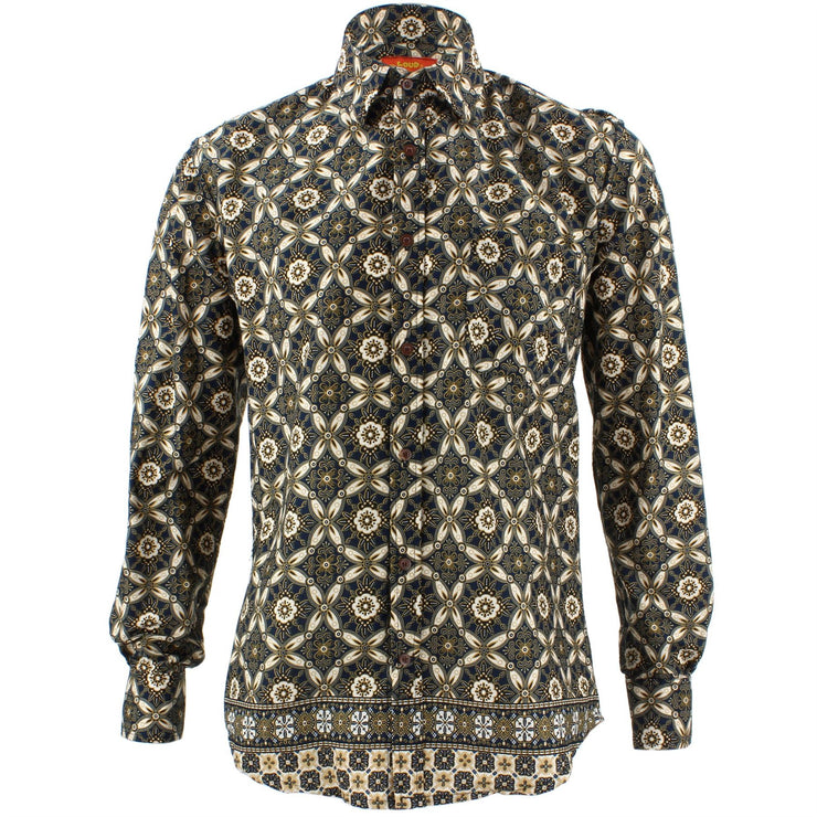 Tailored Fit Long Sleeve Shirt - Black White & Gold Abstract