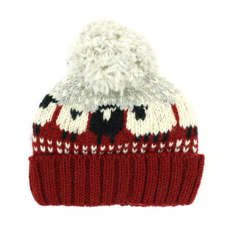 Hand Knitted Wool Beanie Bobble Hat - Sheep - Maroon Grey