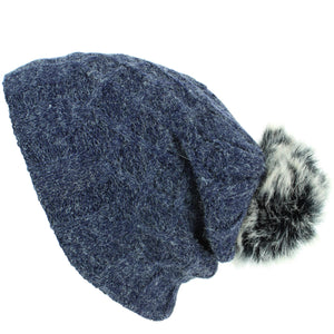 Strikket Slouch Bobble Beanie Hat med Super Blød Fleece Foring - Blå