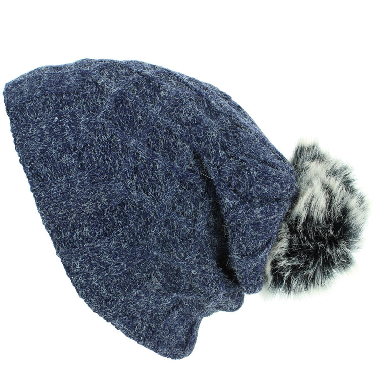 Knitted Slouch Bobble Beanie Hat with Super Soft Fleece Lining - Blue