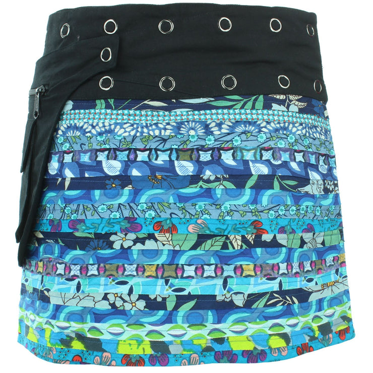Reversible Popper Wrap Mini Skirt - Blue Patch Strips / Diamond Block