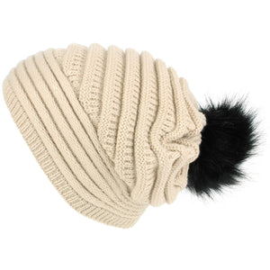 Chunky Ribbed Slouch Beanie Hat med Faux Fur Bobble - Beige