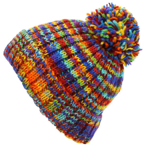 Hand Knitted Wool Beanie Bobble Hat - SD Rainbow 1