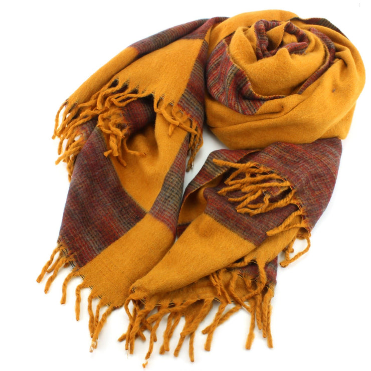 Tibetan Wool Blend Shawl Blanket - Mustard with Maroon Reverse